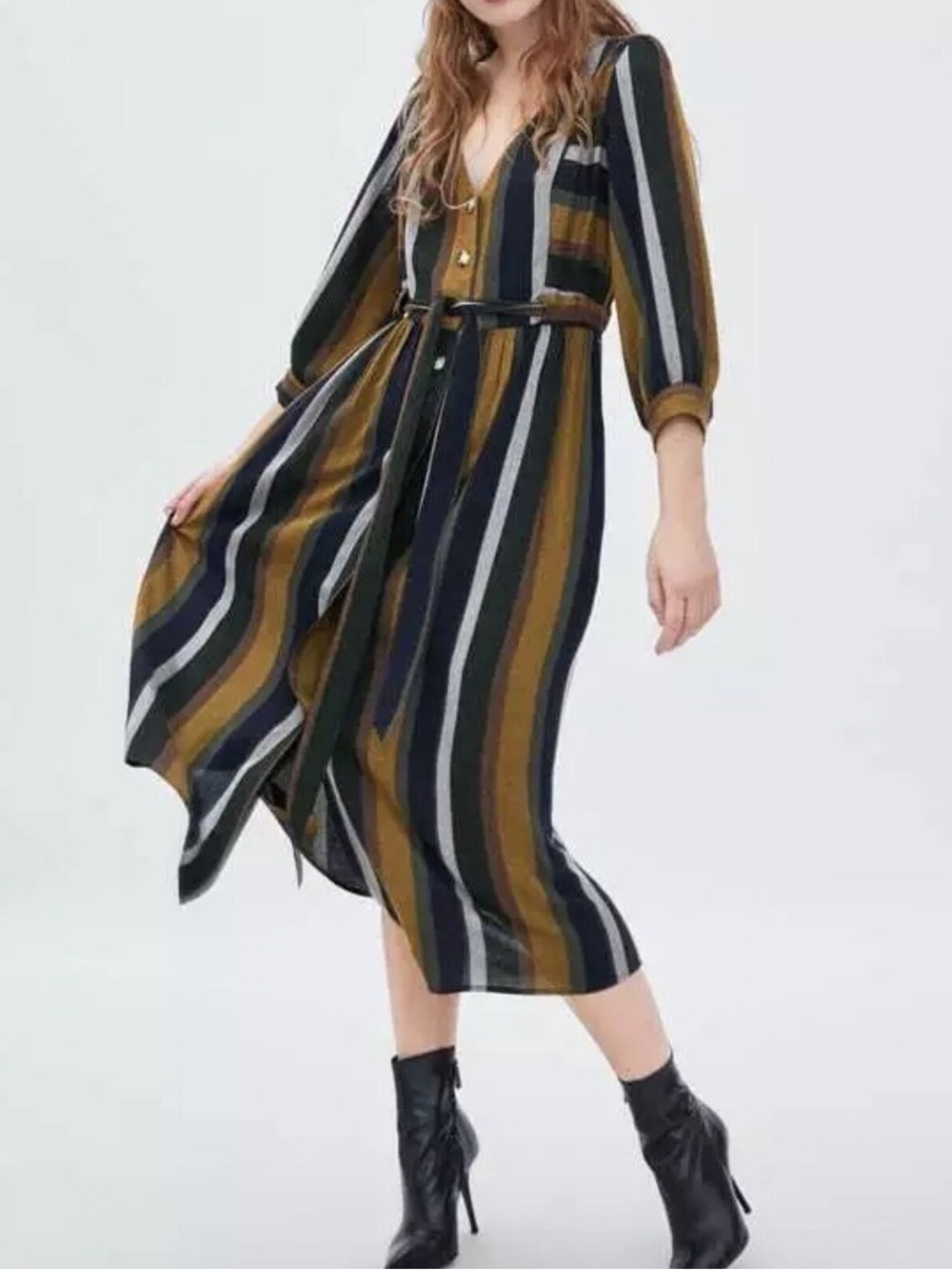 Zara Striped V-Neck Midi Dress with Waist Tie - Mustard/Black